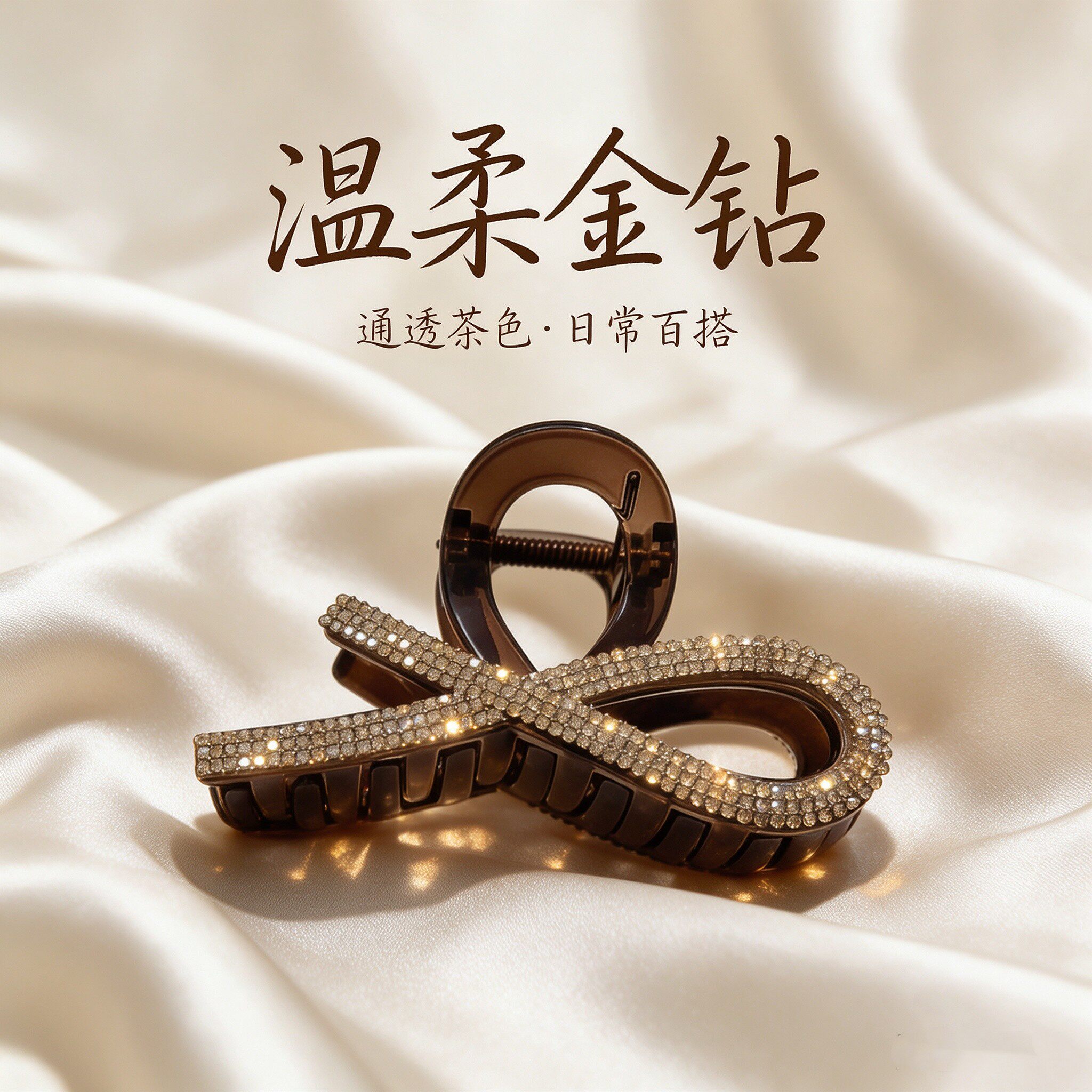 瑞澳水钻交叉抓夹女通勤茶色发夹日常百搭汉服原创设计F017