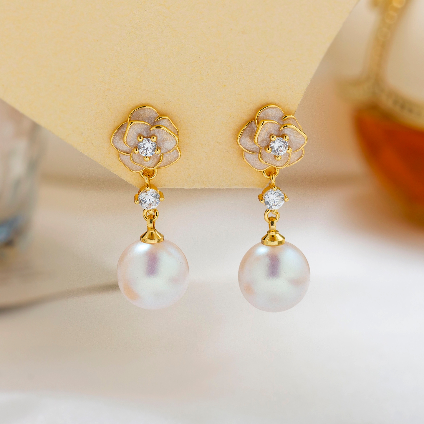 [山茶花] 2025浪漫山茶花珍珠耳钉优雅气质女士轻奢满钻耳环 478