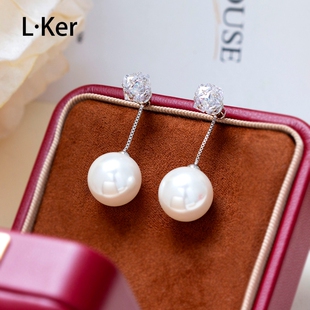 珍珠设计感耳环 458 长款 满钻银色流苏耳钉时尚 幸运球 2026法式