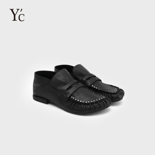 YC｜夜空黑油蜡洗水小牛皮两穿踩跟平底真皮懒人乐福鞋单鞋女鞋