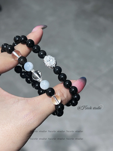 Nicole「流水生财」原创五行双圈手串黑曜石白水晶海蓝宝手链金水
