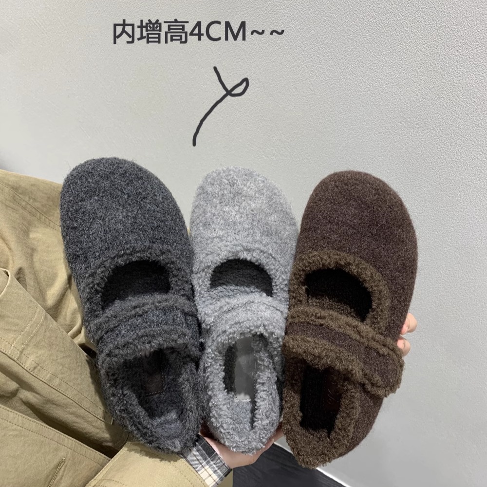 秋冬配裙子保暖加绒玛丽珍鞋毛毛鞋内增高单鞋棉鞋毛呢料软底女鞋
