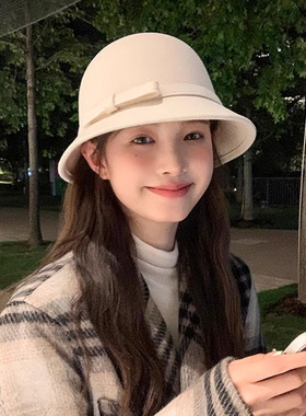 帽子女秋冬季赫本风白色千金名媛礼帽澳洲羊毛呢渔夫帽鱼夫帽