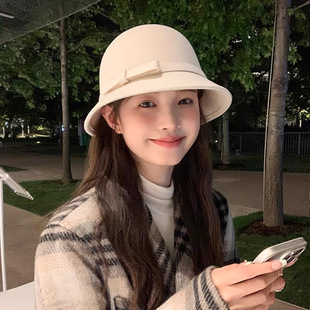 帽子女秋冬季赫本风白色千金名媛礼帽澳洲羊毛呢渔夫帽鱼夫帽