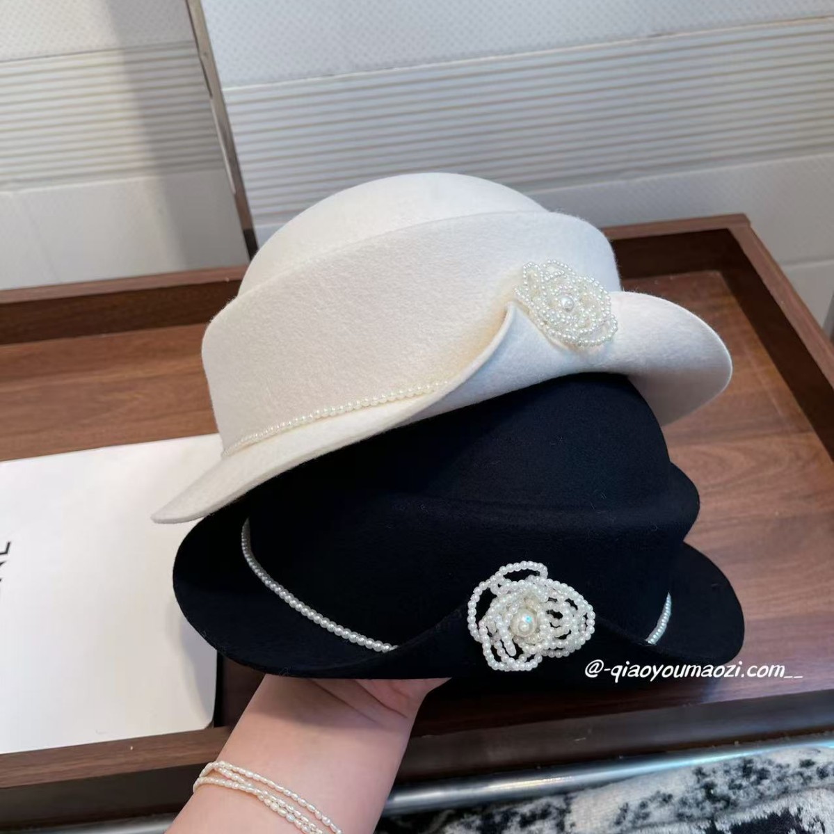 富家千金风~100羊毛贝雷帽秋冬气质珍珠花优雅礼帽高品质画家帽女