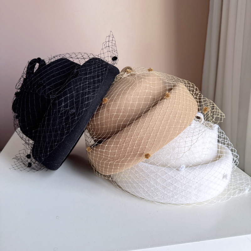 日本CA4澳洲羊毛毡帽子女秋冬保暖画家帽法式网纱蝴蝶结贝雷帽潮