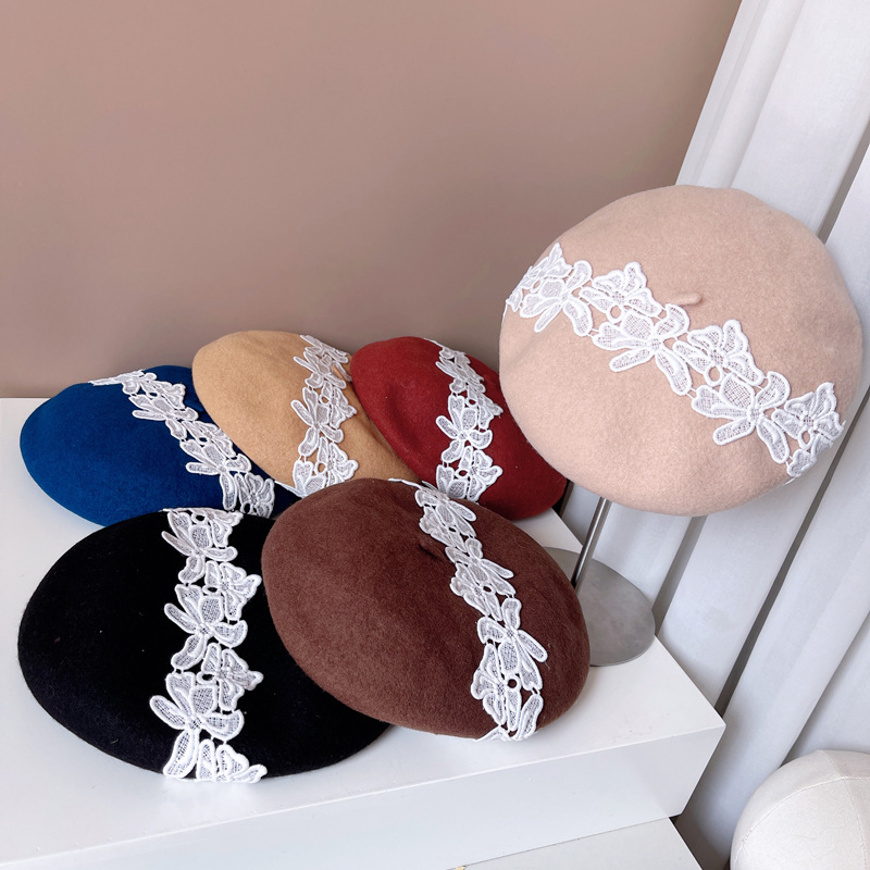 日本CA4同款蕾丝花边贝雷帽子女秋冬保暖画家帽澳洲羊毛空姐帽潮