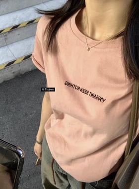 字母t版型显瘦短袖T恤女2023早春新款百搭宽松印花上衣打底衫潮粉