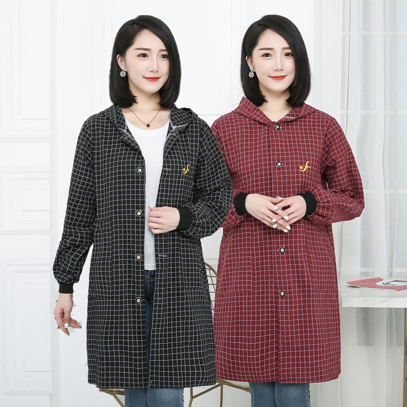 韩版时尚纯棉正穿衣长袖围裙系扣带帽罩衣厨房防油污女工作服大褂