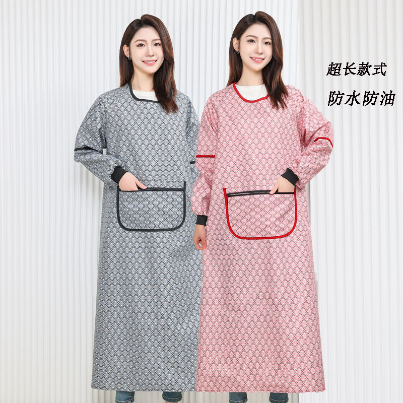 超长款防水长袖围裙家用厨房餐饮防油污罩衣时尚男女工作服过膝盖