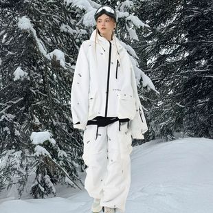 POMT新款2526宽松印花滑雪套装防水风防寒滑雪男女款滑雪服裤单板