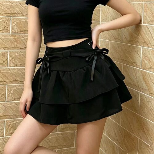 y2k辣妹黑色绑带百褶裙女夏季甜辣小个子a字短裙子设计感半身裙裤