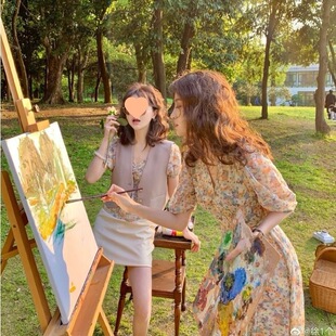 2026夏季新款韩版V领碎花雪纺连衣裙女 学生长款油画裙系列裙子女