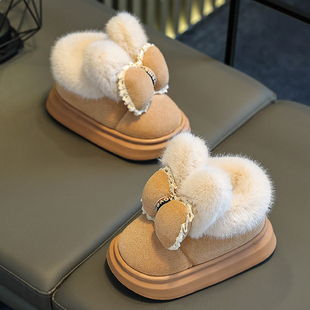 蝴蝶结儿童棉拖鞋冬季女童室内小孩棉鞋保暖中大童宝宝毛拖鞋包跟