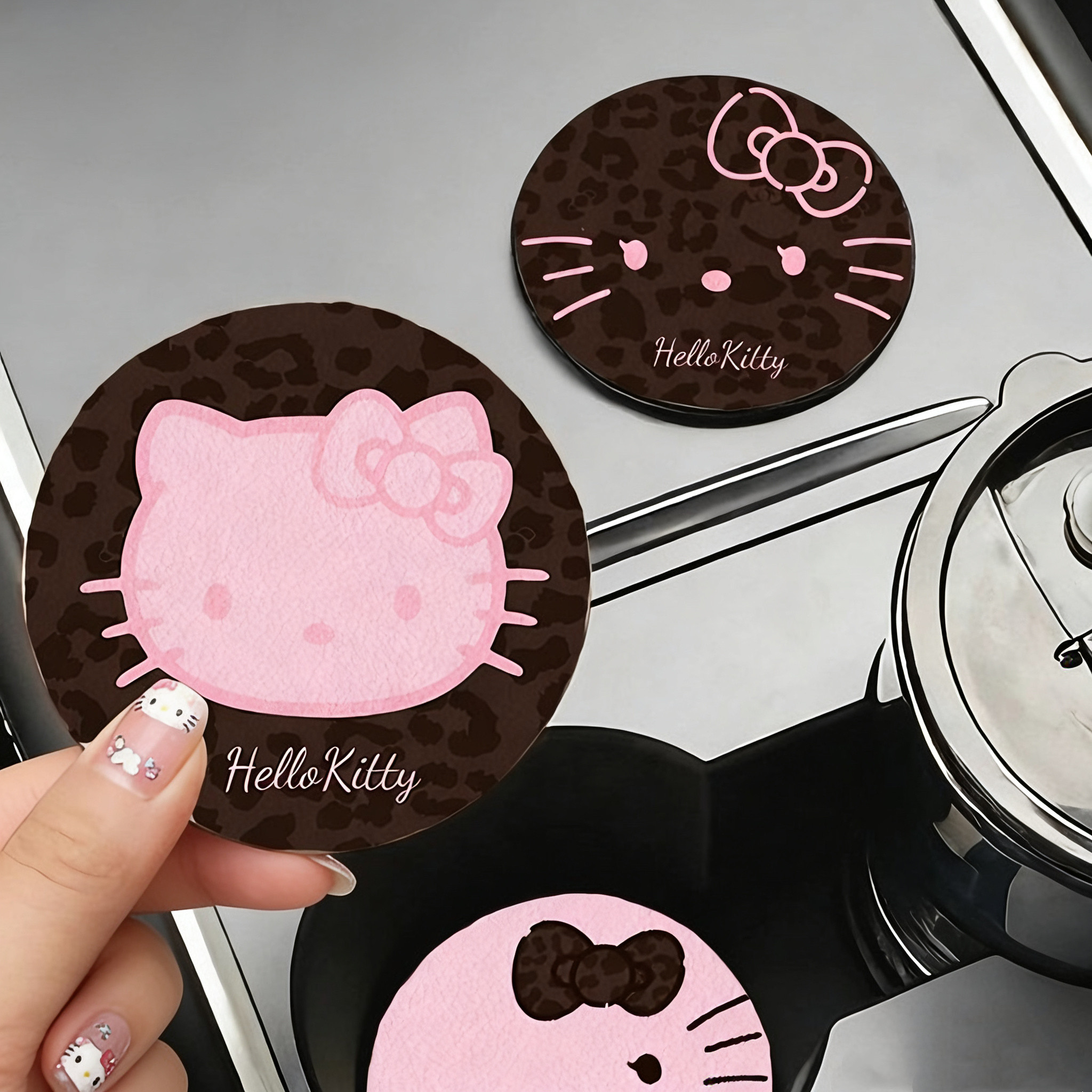 卡通豹纹KT汽车水杯垫内饰车载好物装饰品防滑隔热耐高温车载杯垫