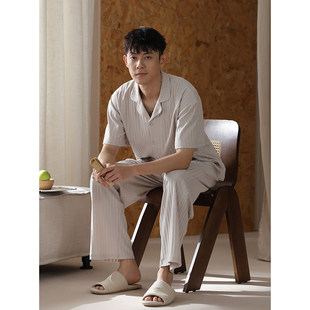罗丽丝2025年夏季薄款睡衣男夏天纯棉短袖长裤宽松简约青少年家居