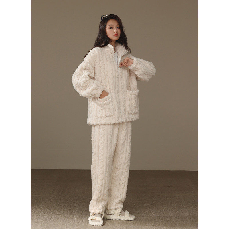 罗丽丝「加厚加绒」保暖睡衣女冬珊瑚绒毛绒麻花秋冬可外穿高领拉