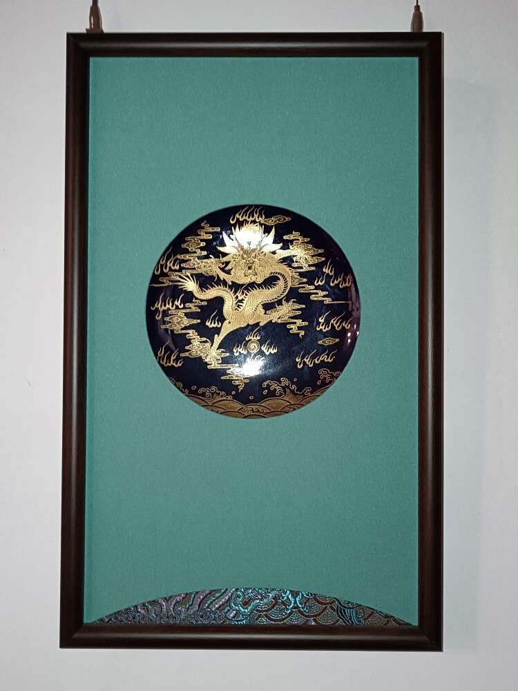 景德镇手绘霁蓝釉圆龙纹瓷板画挂画装饰画中式玄关茶室家用釉上彩