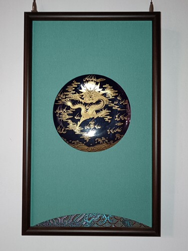 手绘霁蓝釉圆盘瓷板画挂画装饰画中式玄关茶室家用本金陶瓷器龙纹