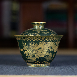 归舟陶瓷茶具盖碗分茶碗家用复古手绘双龙戏珠砂金绿盖杯泡茶功夫