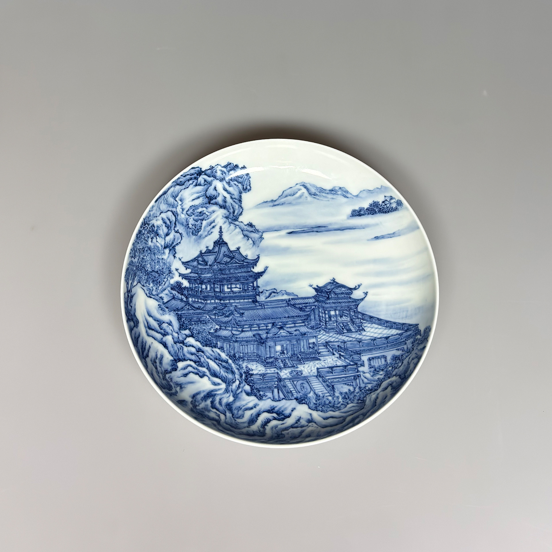 归舟柴窑青花瓷器圆形茶盘茶托