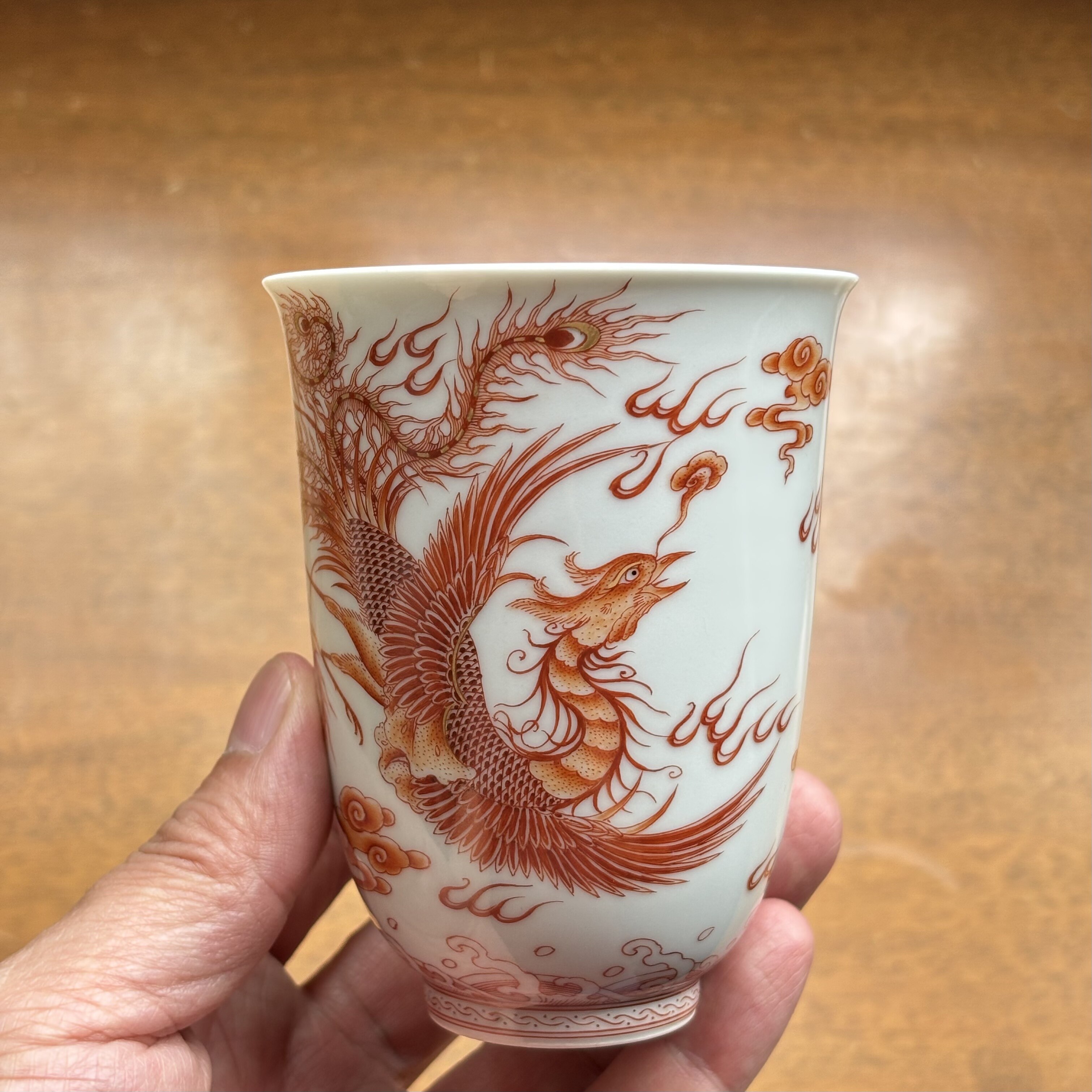 景德镇手绘凤凰纹矾红描金主人杯