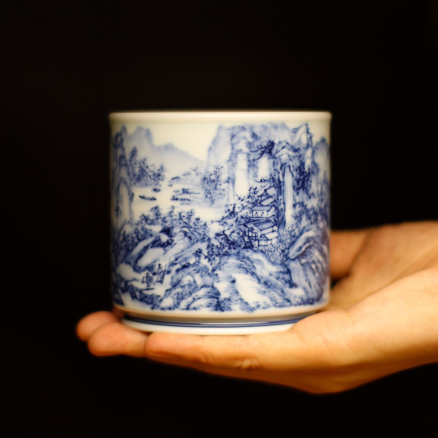 景德镇青归舟柴窑手绘山水茶杯