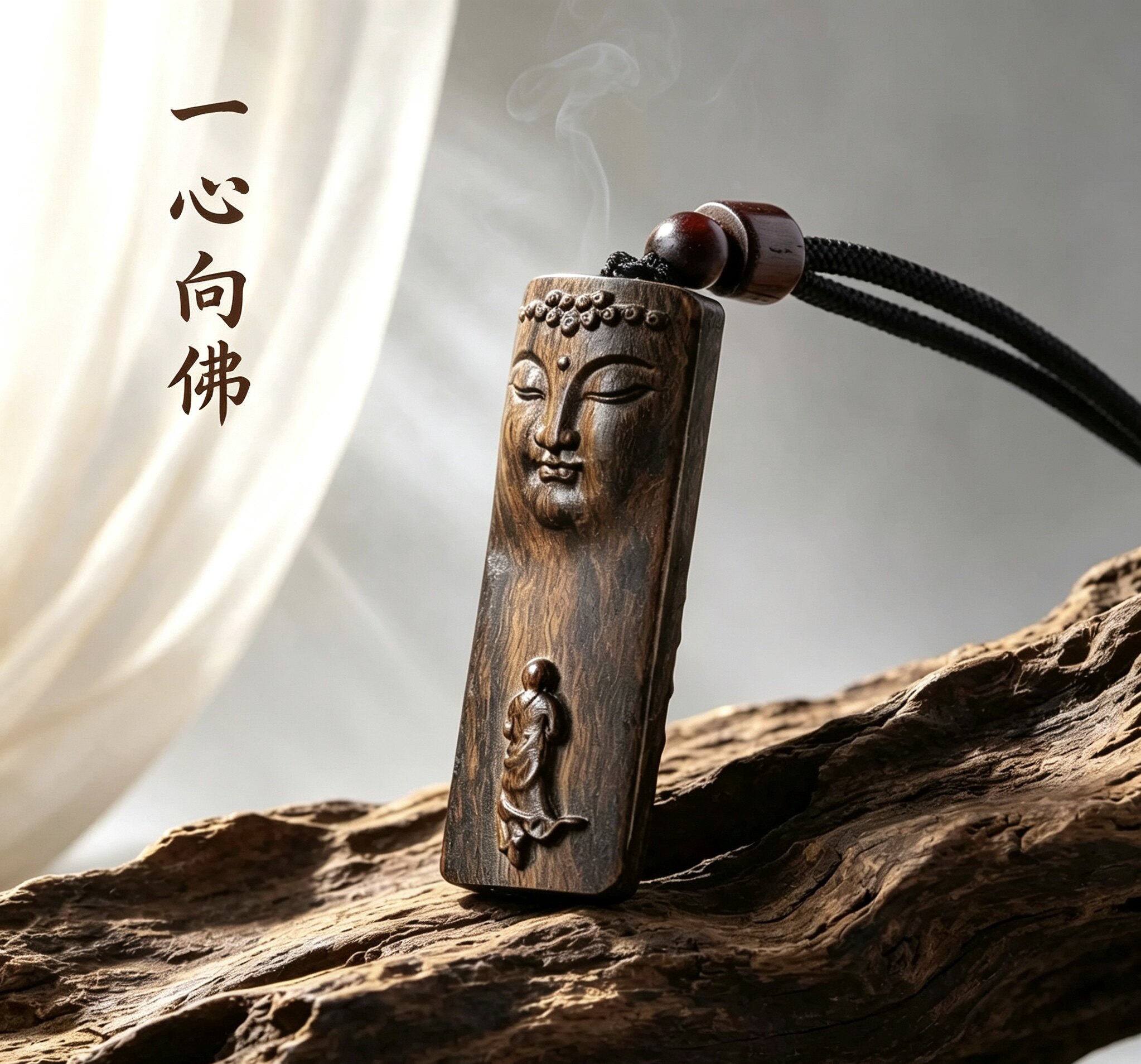 一心向佛沉香木佛牌吊坠 悟道小僧如来佛像木牌 随身禅意挂饰项链
