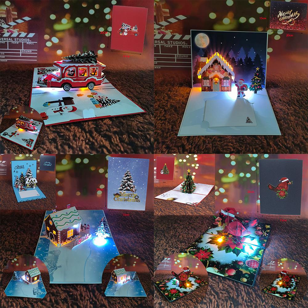 跨境欧美新年圣诞节日礼物真人歌曲发光音乐3D立体纸雕卡片贺卡