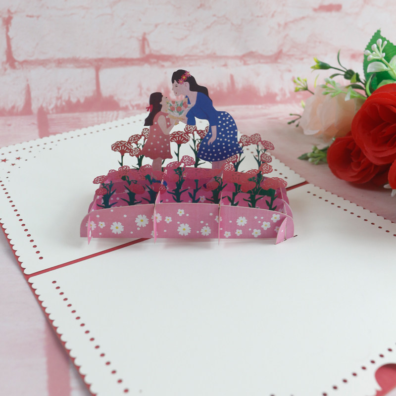 母亲节父亲节节3D立体贺卡康乃馨花束纸质工艺雕刻印刷祝福信封卡