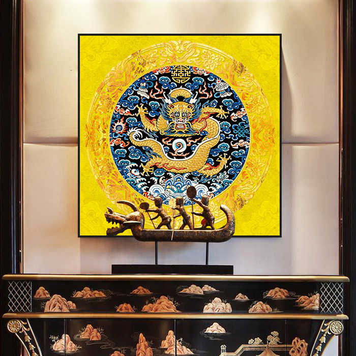 中国风龙图腾吉祥富贵装饰画金黄蓝色新中式风水玄关镇宅背景墙画