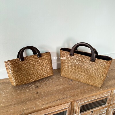 编织复古小众木柄手提包