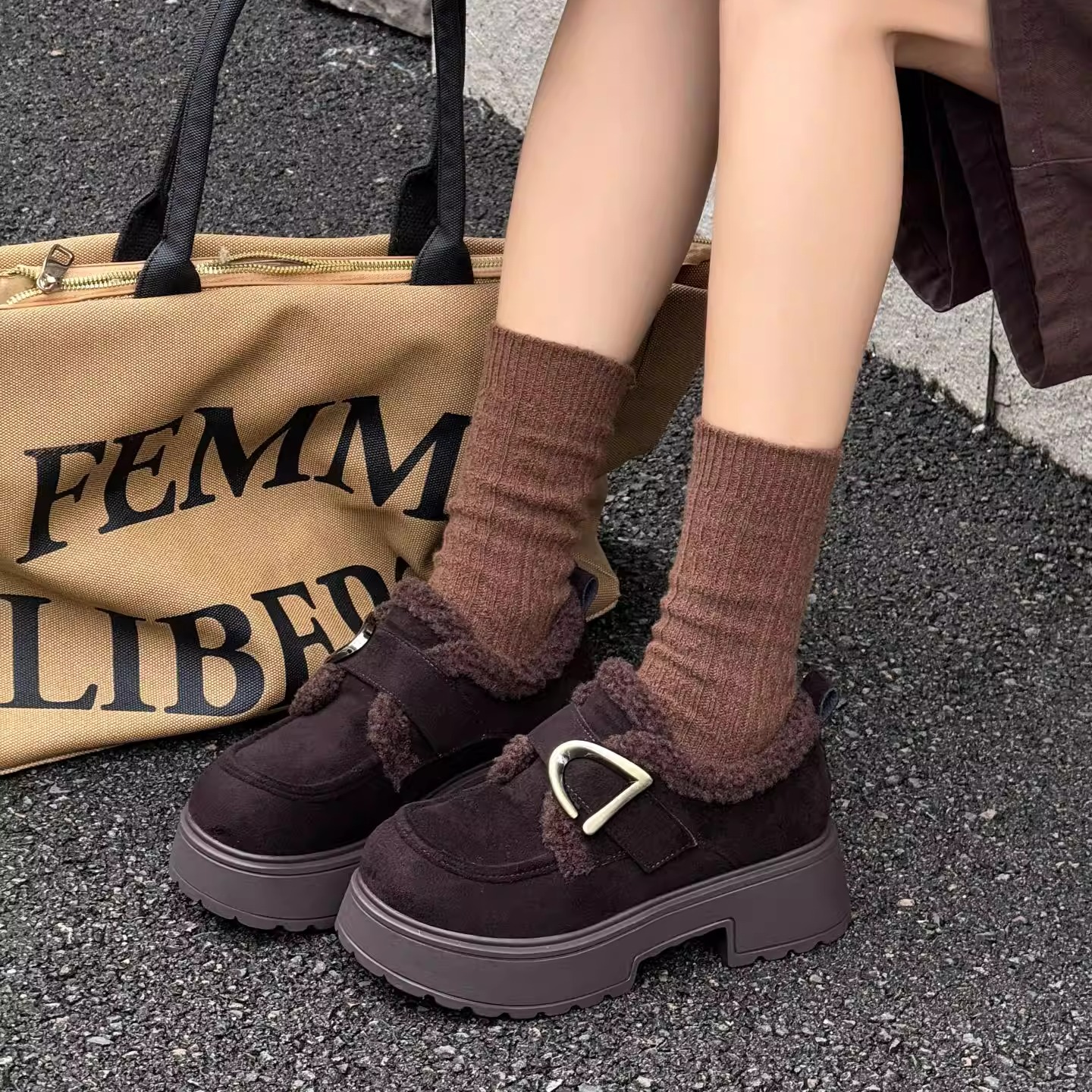 冬季加绒魔术贴厚底勃肯女勃肯鞋