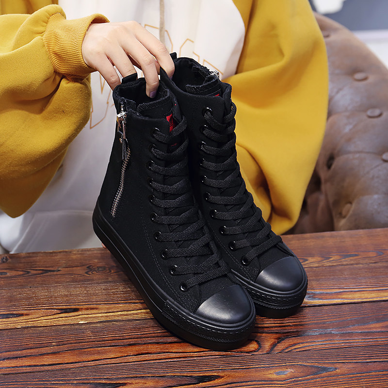 ulzzang原宿帆布鞋女高帮侧拉链休闲鞋厚底增高休闲鞋舒适街拍鞋