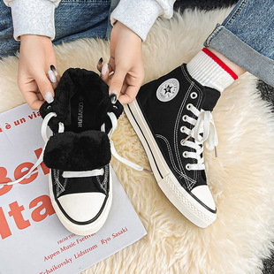加绒帆布鞋女高帮2023冬季新款全黑工装鞋韩版加厚保暖二棉休闲鞋
