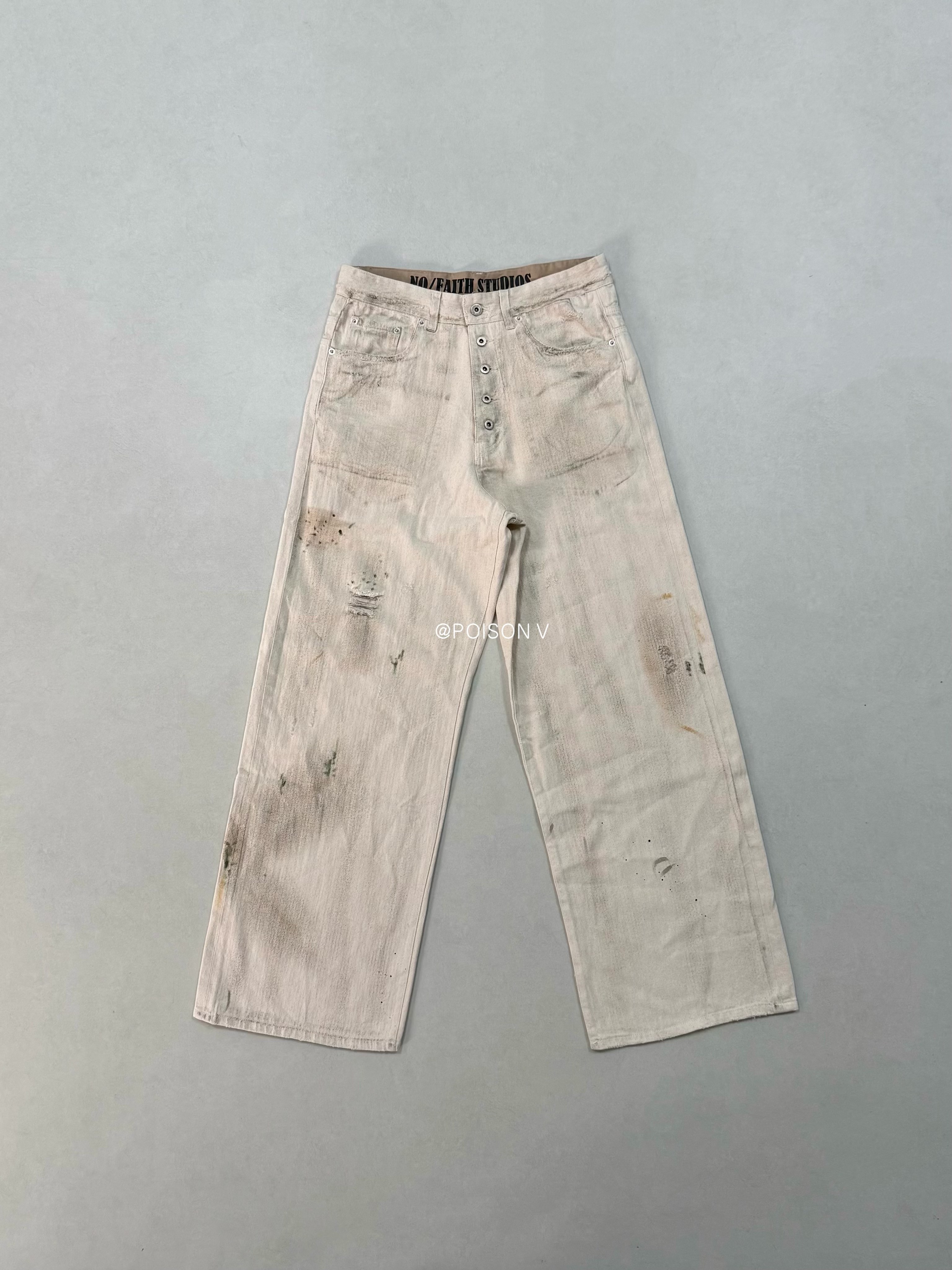 thumbnail for No faith studios beige washed old mud-dyed ink splashed herringbone five-button denim cargo pants