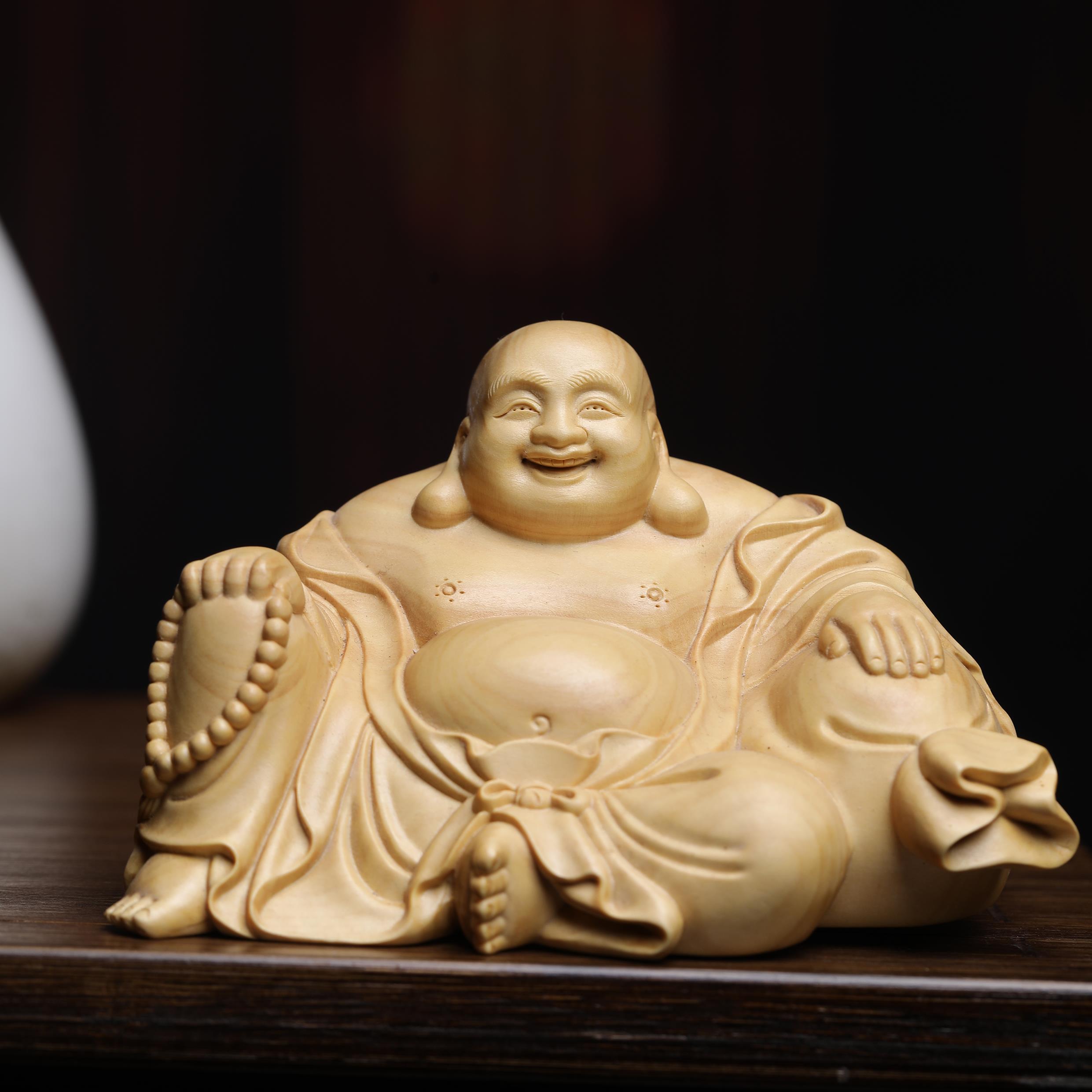 正宗小叶黄杨木雕弥勒佛大肚笑佛像摆件家居装饰品车内中控饰品