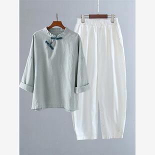 寺院居士服女款中式盘扣棉麻上衣亚麻衬衫佛系禅意素衣套装禅修服