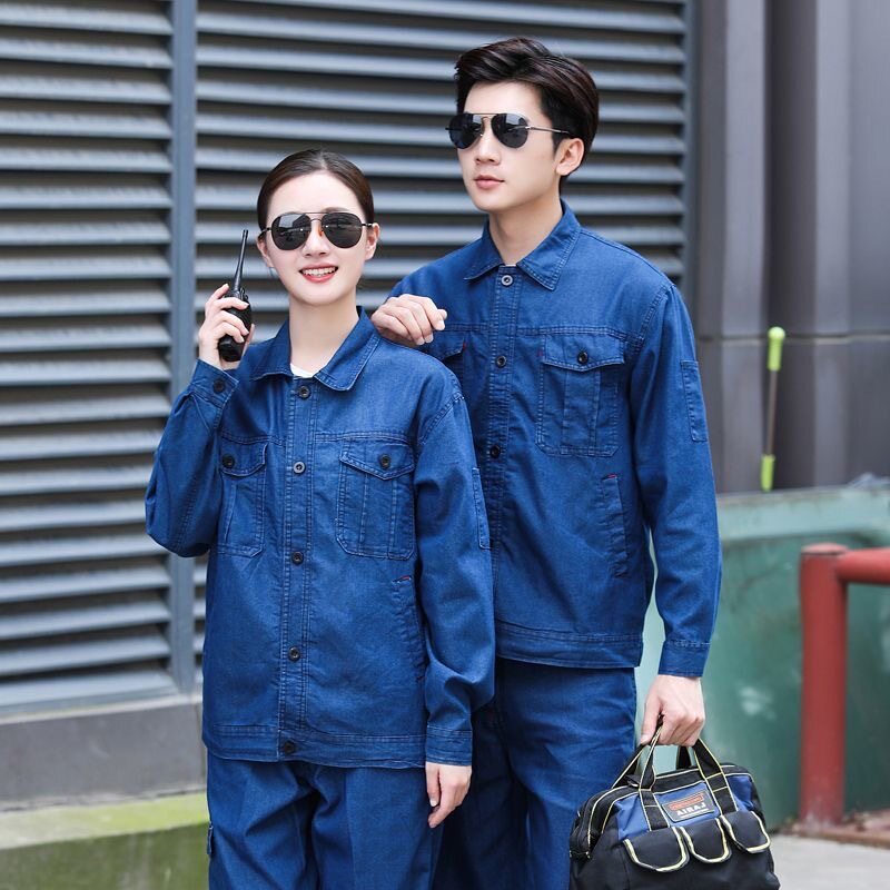 夏季薄款牛仔劳保服套装男