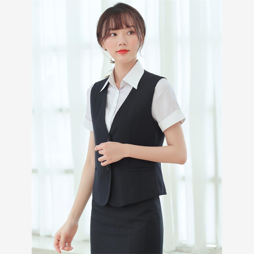 春夏中国工作服行服藏青条纹马甲工作服女士职业制服背心马夹