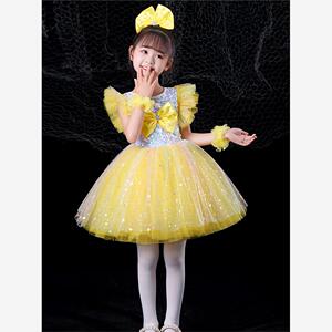 六一女童公主裙演出服快乐的小星星黄色蓬蓬纱裙幼儿园舞蹈表演服
