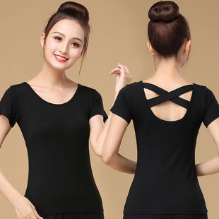广场舞服装上衣短袖成人交叉修身练功服拉丁跳舞衣舞蹈服黑色