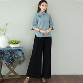 禅意茶服套装 居士服佛系中国风棉麻汉服女装 改良旗袍上衣复古唐装