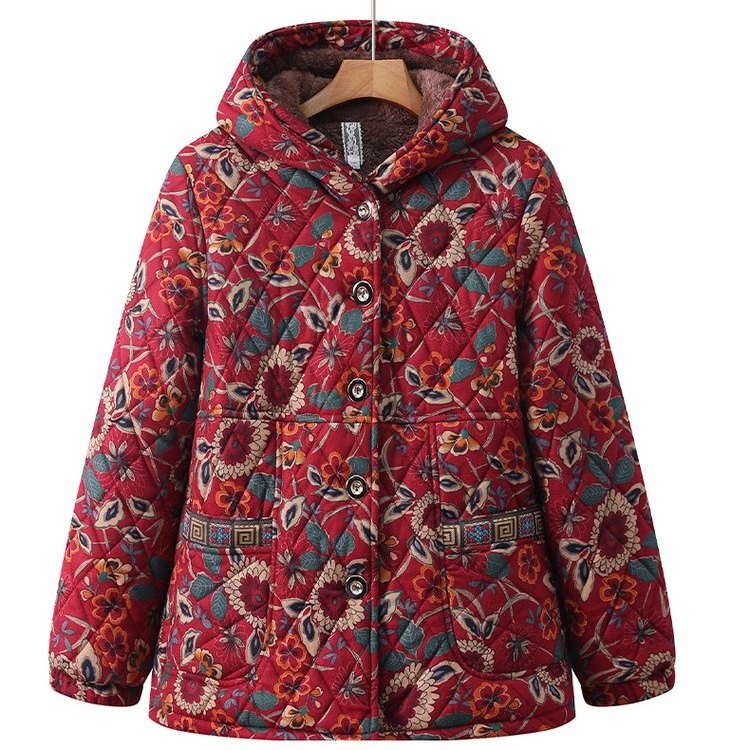 妈妈秋冬装棉衣连帽保暖奶奶中老年花棉袄女冬季加绒加厚棉服外套