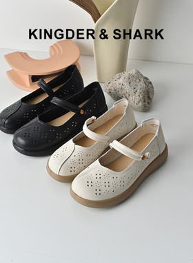 KDS经典鲨女鞋2026年夏专柜新品牛皮革复古镂空轻便软底通勤凉鞋