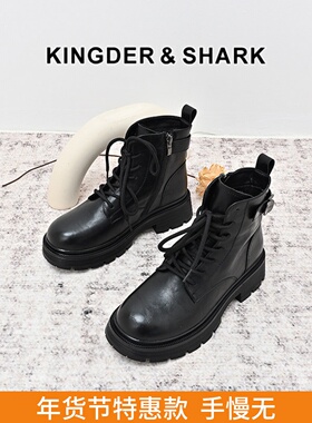 KDS经典鲨女鞋2024年冬季新款百搭黑色加绒侧拉链平底通勤短筒靴