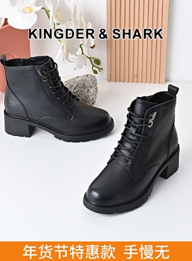KDS经典鲨女鞋2024年冬季新款百搭黑色侧拉链通勤加绒保暖短筒靴