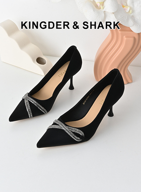 KDS经典鲨女鞋2025年春季新品黑色优雅尖头7cm时尚水钻细高跟鞋子