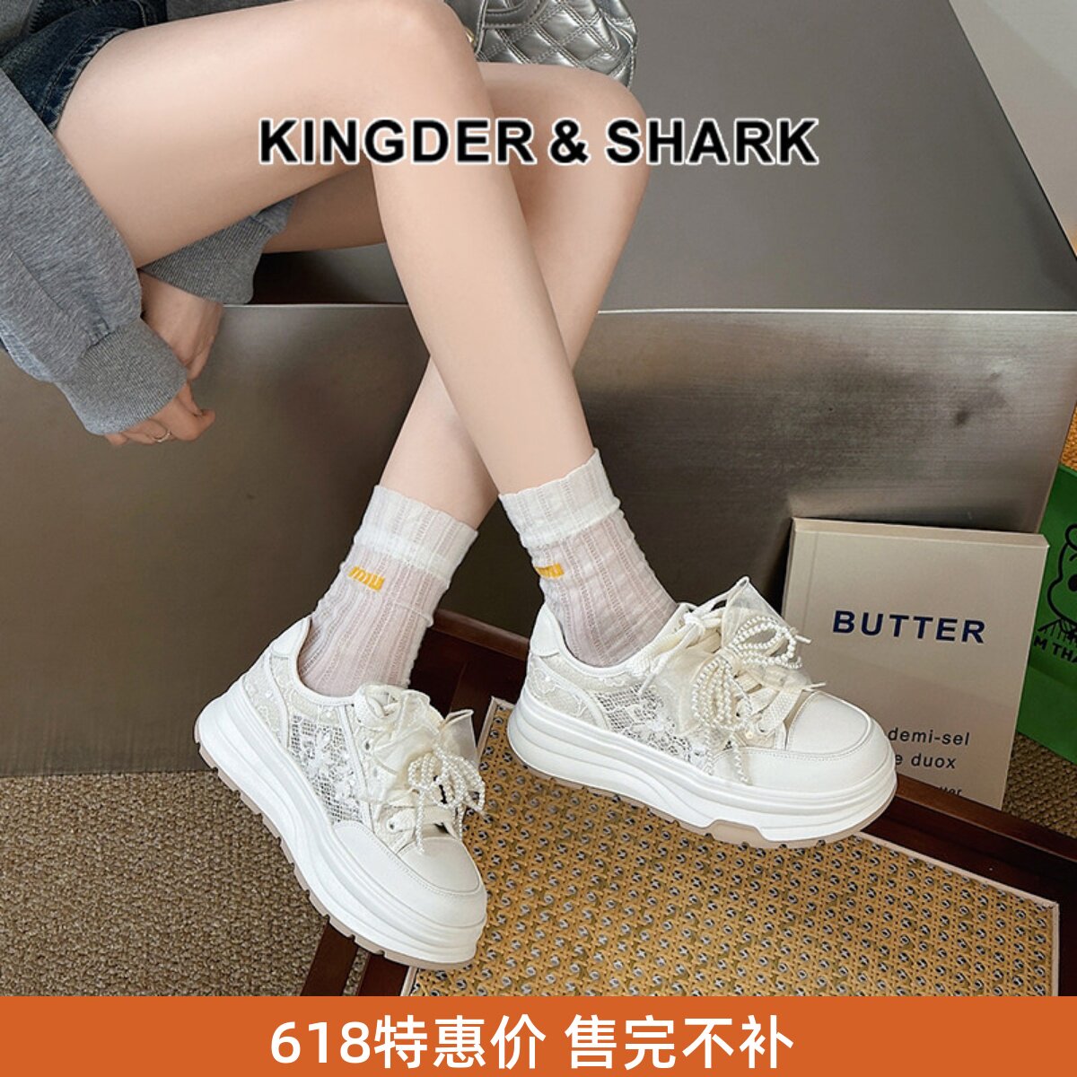 甜美蝴蝶结厚底显高休闲小白鞋