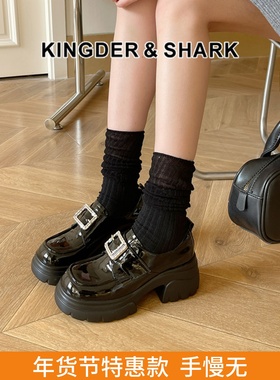 KDS经典鲨女鞋2025新款气质黑色百搭圆头中粗跟一脚蹬乐福鞋单鞋